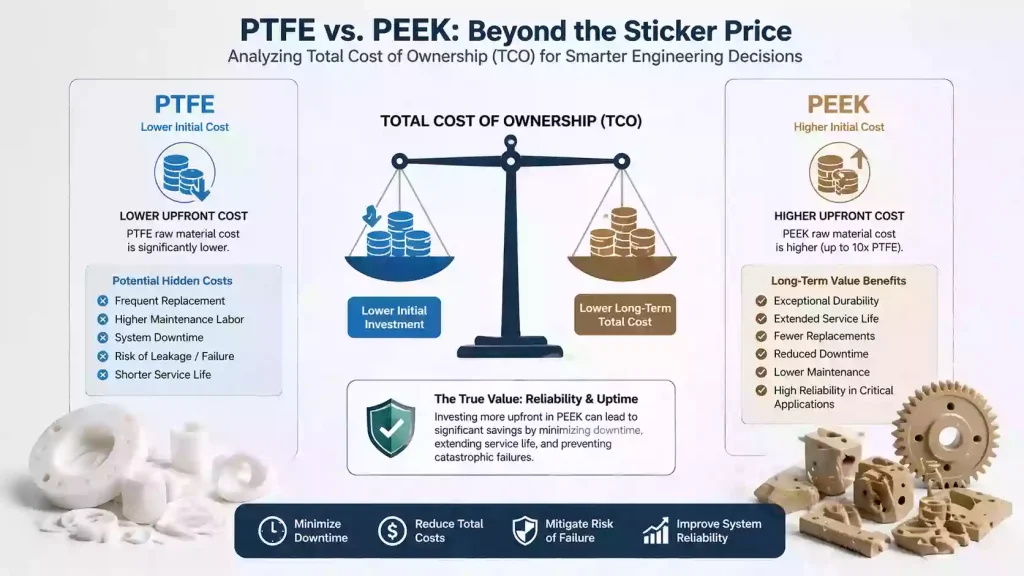 PEEK vs. PTFE: An Engineer’s Decisive Guide to High-Performance Plastic Selection and Machining 2 The Economic Equilibrium—A comparison of Total Cost of Ownership (TCO). While PTFE offers a lower entry cost, PEEK’s high initial investment is balanced by its extended service life and reduced maintenance overhead in high-stress environments.