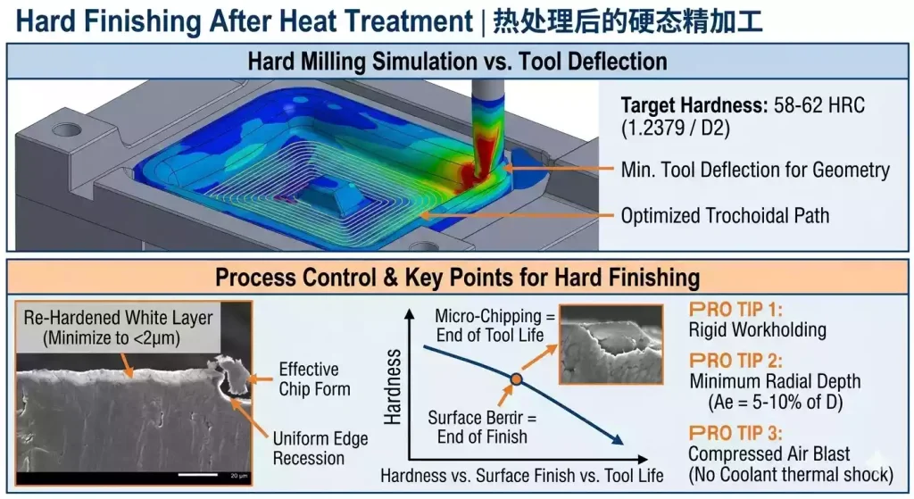 The Ultimate Guide to Tool Steel CNC Machining:Engineering Principles, Metallurgy, and Cutting Physics Explained 3 This image illustrates the hard finishing process of tool steel after heat treatment. Under extreme hardness, precise radial engagement (Ae) ensures that thermal energy is evacuated through micro-chips (visible as sparks), preventing heat soak into the workpiece. This strategy is critical for achieving final dimensional tolerances and a mirror-like surface finish in mold and die applications.