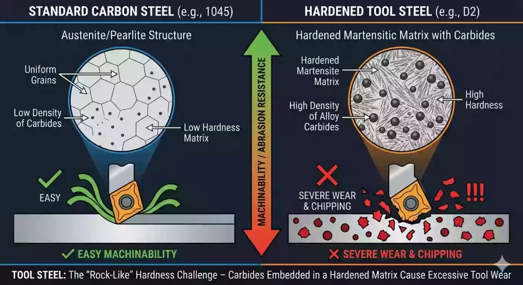 The Ultimate Guide to Tool Steel CNC Machining:Engineering Principles, Metallurgy, and Cutting Physics Explained 1 This illustration vividly demonstrates the fundamental microstructural differences between standard carbon steel and tool steel. Tool steels (such as D2 and H13) are not homogeneous metals; rather, they consist of a hardened martensitic matrix embedded with a high density of alloy carbides. During CNC machining, the cutting tool does not perform a continuous shearing action; instead, it repeatedly impacts these extremely hard carbide particles. This results in severe fluctuations in cutting forces, which in turn trigger micro-chipping at the tool tip and accelerate tool wear.