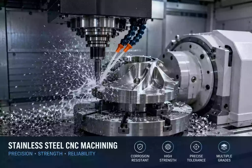 Selecting the Best Stainless Steel Grade for CNC Machining: A Technical Guide 1 Stainless steel CNC machining process showing precision milling operation on a 5-axis machine with coolant and metal chips.