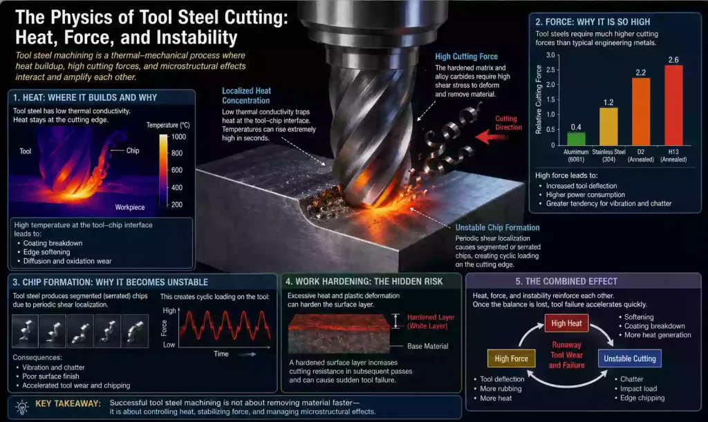 The Ultimate Guide to Tool Steel CNC Machining:Engineering Principles, Metallurgy, and Cutting Physics Explained 2 This diagram illustrates the extreme physical environment when machining tool steel. The red zones show how heat is trapped at the tool-chip interface due to low thermal conductivity. The characteristic serrated chip formation is a result of localized shear instability, creating cyclic impact loads that trigger severe machining chatter.