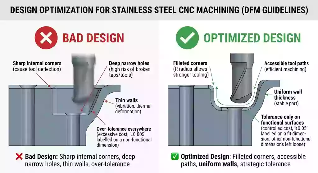 Selecting the Best Stainless Steel Grade for CNC Machining: A Technical Guide 4 DFM (Design for Manufacturing) comparison. Optimizing internal radii and tolerance zones can reduce stainless steel machining costs by up to 30%.