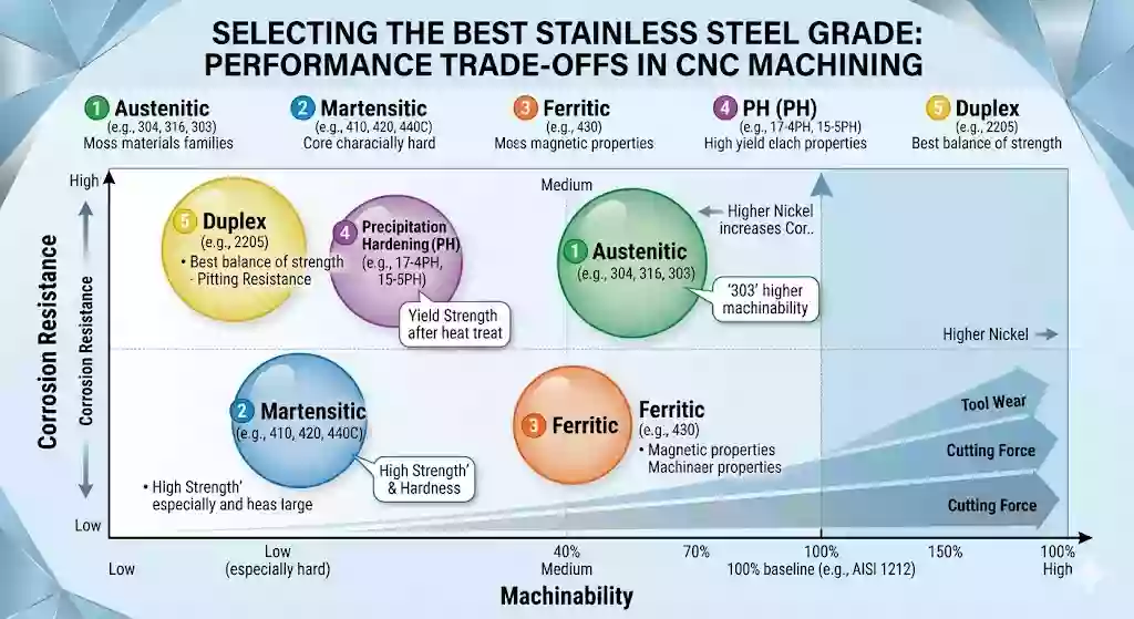 Selecting the Best Stainless Steel Grade for CNC Machining: A Technical Guide 2 A technical performance trade-off chart for stainless steel grades in CNC machining, comparing Machinability against Corrosion Resistance for Austenitic, Martensitic, Ferritic, PH, and Duplex families.