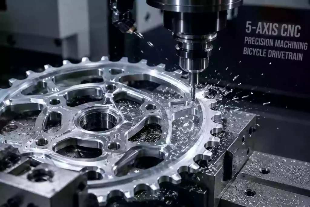 Why CNC Machining is Essential for High-Performance Bicycle Drivetrain Systems 1 Precision 5-axis CNC machining of a bicycle drivetrain chainring, showcasing high-accuracy tooth profile cutting on aluminum billet.
