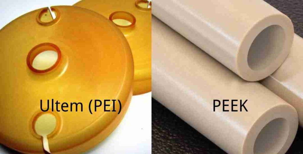 The Technical Guide to Ultem (PEI) CNC Machining: Properties, Grades, and Process Control 1 A side-by-side material comparison featuring precision-machined PEEK components alongside semi-transparent amber Ultem (PEI) parts, highlighting the visual and structural distinctions between the two high-performance polymers.