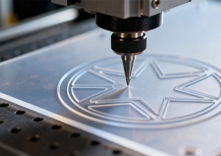 The Technical Guide to Ultem (PEI) CNC Machining: Properties, Grades, and Process Control 2 A close-up action shot of the Ultem CNC milling process, showing a sharp CNC cutting tool machining a PEI workpiece under a high-volume flood of chemically compatible water-soluble coolant.