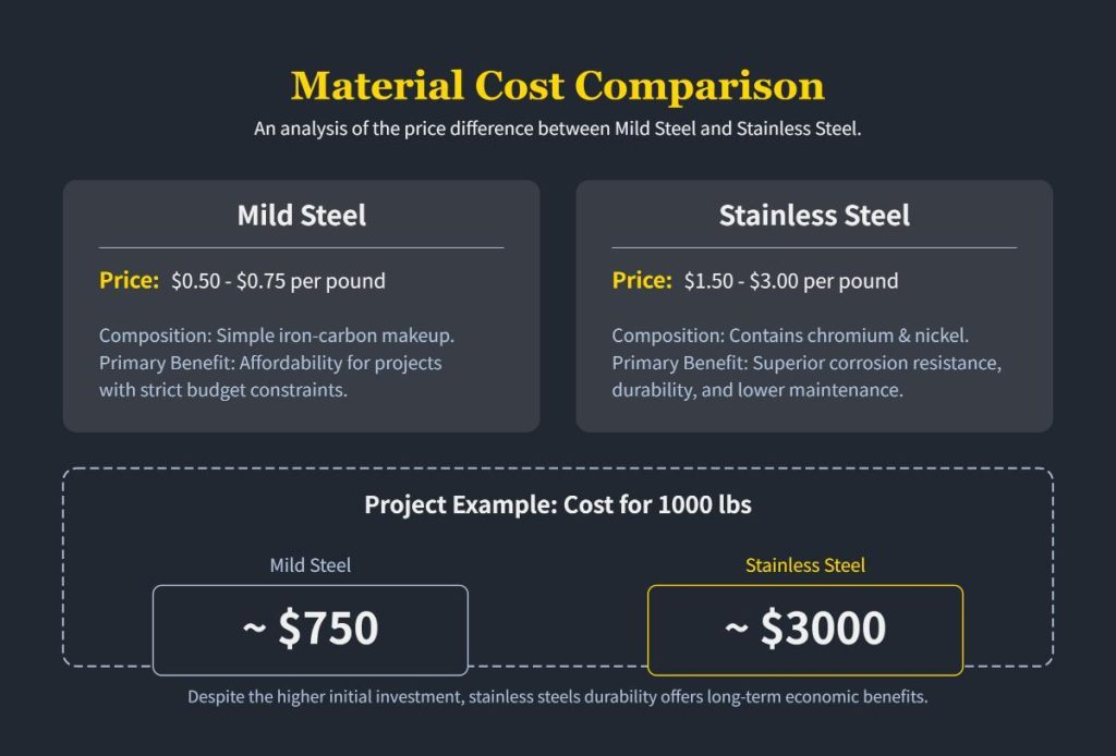 Alloy Steel vs. Stainless Steel in CNC Machining 3 This diagram presents a Total Cost of Ownership (TCO) comparison between alloy steel and stainless steel. Alloy steel offers lower initial material and machining costs but requires coatings and maintenance, while stainless steel demands higher upfront cost but delivers superior corrosion resistance and reduced lifecycle maintenance in harsh environments.