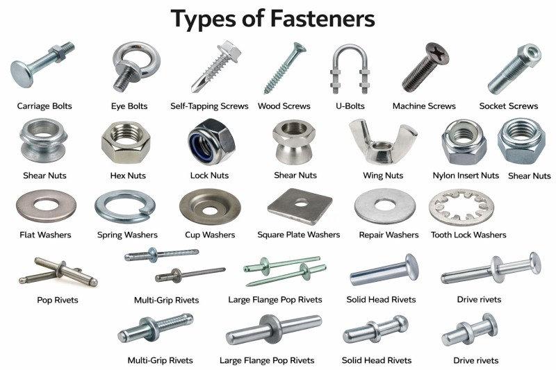 Automotive Fasteners Explained: Types, Materials, Applications, and Manufacturing Considerations 1 A collection of common automotive fasteners including bolts, nuts, screws, clips, washers, and rivets used in vehicle assembly applications.