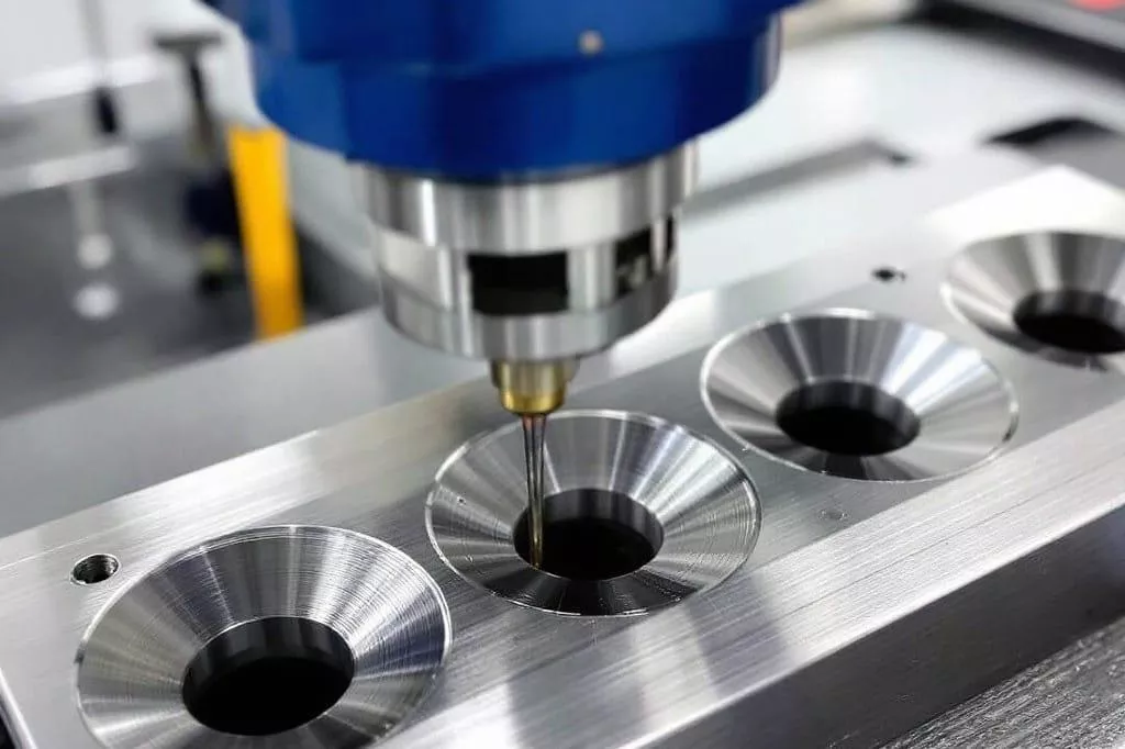 CNC Hole Design Guide: Countersink Holes, Hole Spacing, and Key Design Considerations 3 CNC machining process creating precision countersink holes on a metal component.
