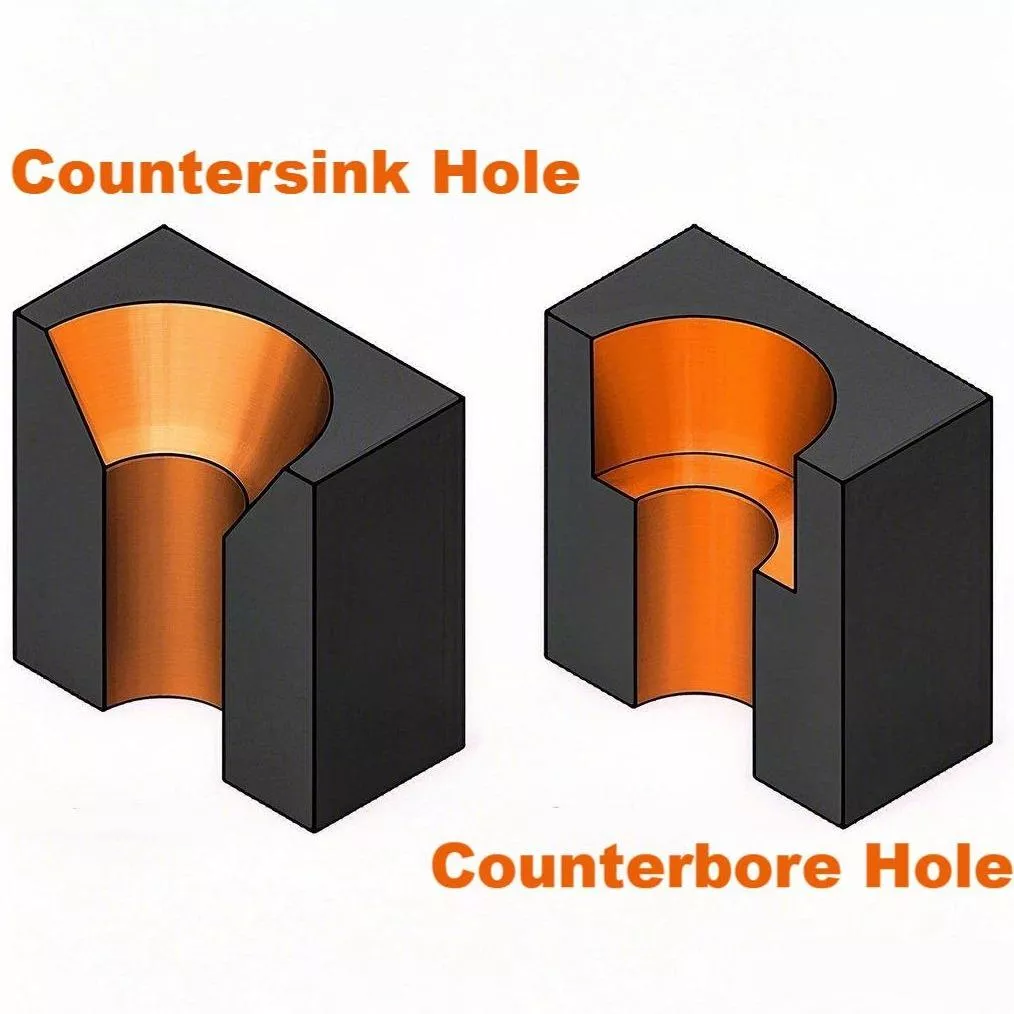 CNC Hole Design Guide: Countersink Holes, Hole Spacing, and Key Design Considerations 2 Comparison between countersink and counterbore holes showing conical and cylindrical recess designs.